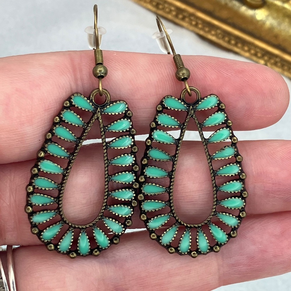 Faux Turquoise Dangle Earrings Fish Hook Bronze Tone Boho Chic Western Cowgirl